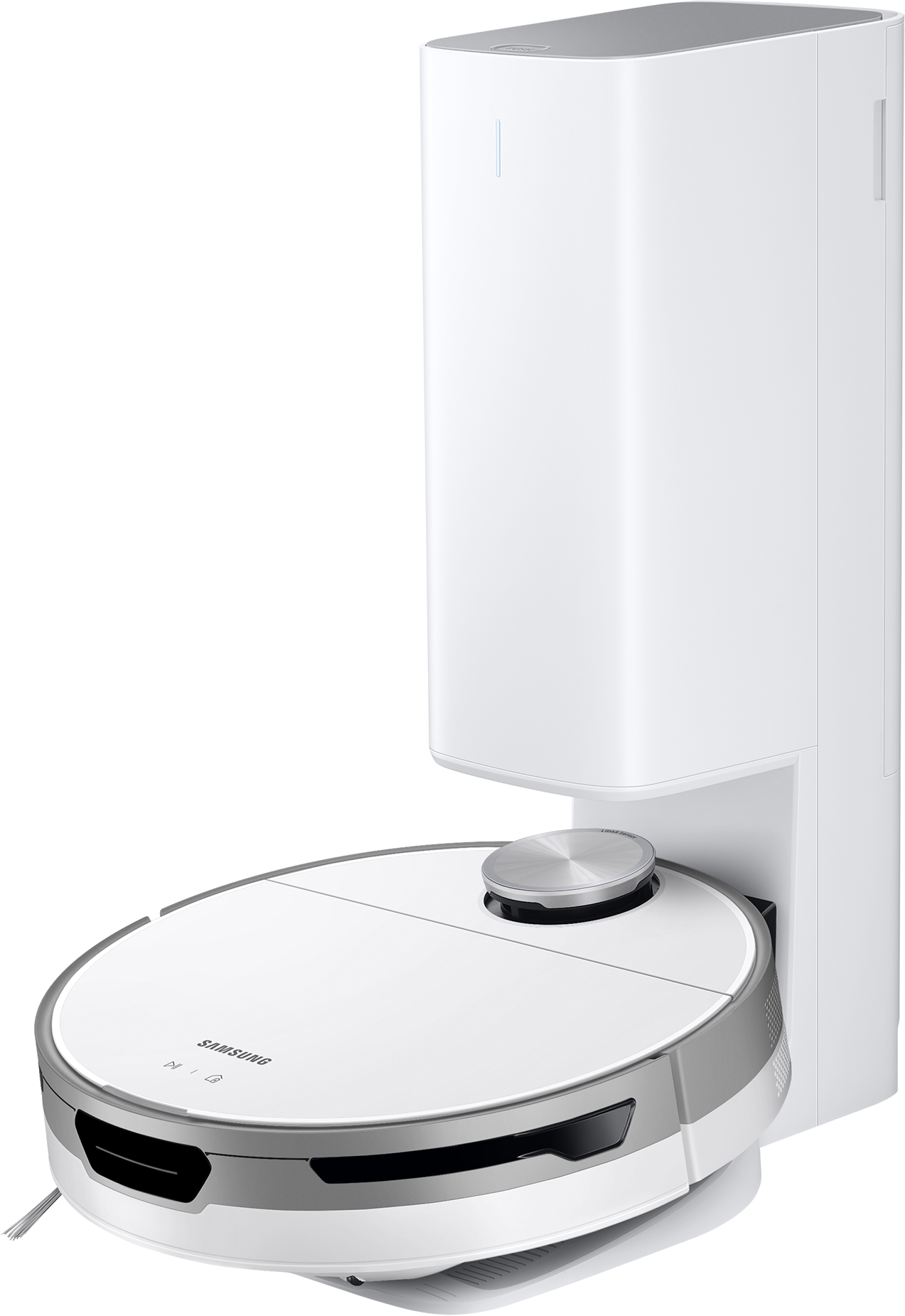 Witte robotstofzuiger met oplaadstation. Witte achtergrond.