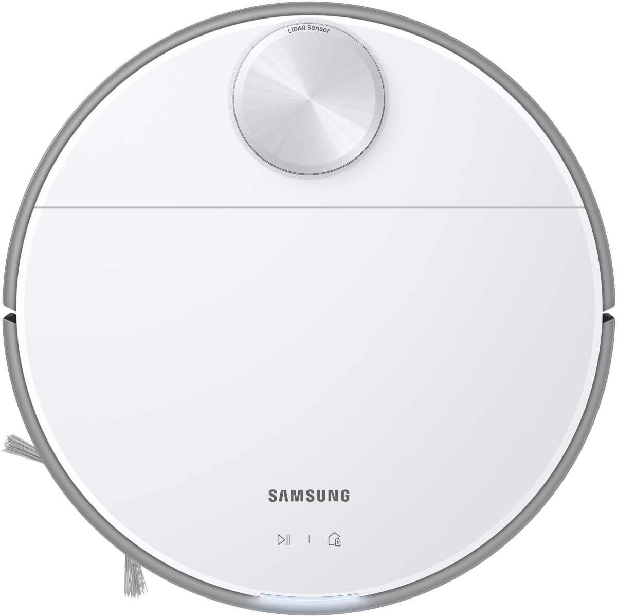 Witte ronde robotstofzuiger met een botsingssensor en zijborstel.