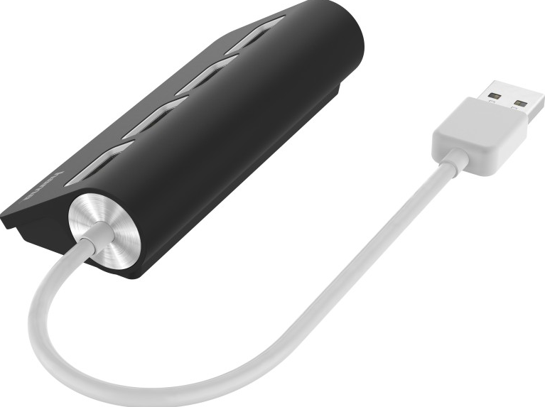 Schwarzer USB-Hub mit vier Anschlüssen und einem weißen USB-Kabel. Der Hub befindet sich auf weißem Hintergrund.