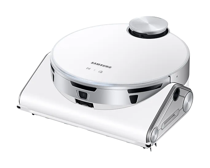 Aspirateur robot Samsung blanc sur une base blanche, avec un bord argenté.