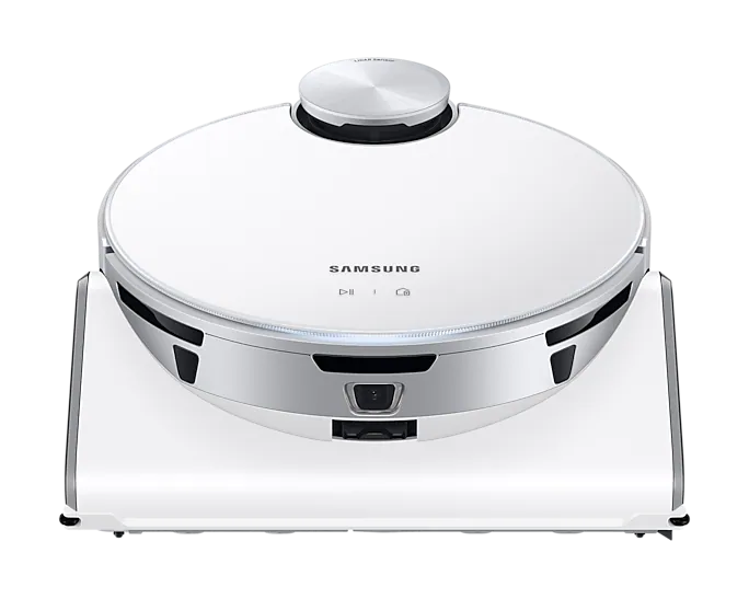 Aspirateur robot blanc et argenté. Il a un design circulaire.