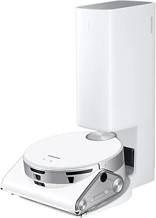 Aspirateur robot blanc et argenté avec station de charge. Isolé.