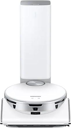 Un aspirateur robot blanc avec une station de charge. Le robot est circulaire et la station est haute.