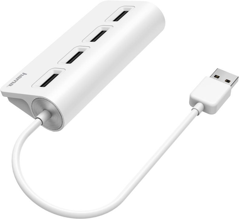 Hub USB blanc avec 3 ports. Le câble USB est connecté.
