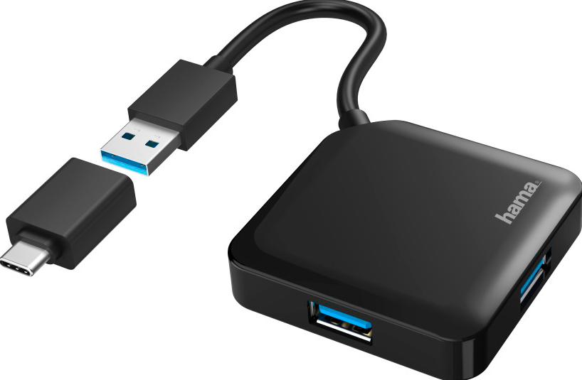 Un hub USB noir avec des ports USB et un connecteur USB-C pour se connecter à un appareil.