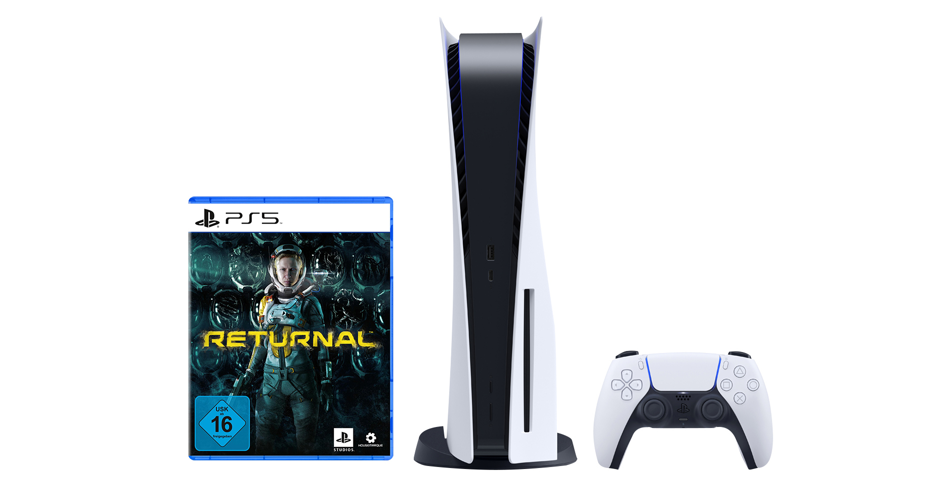 PS5-Konsole mit Spiel und Controller.