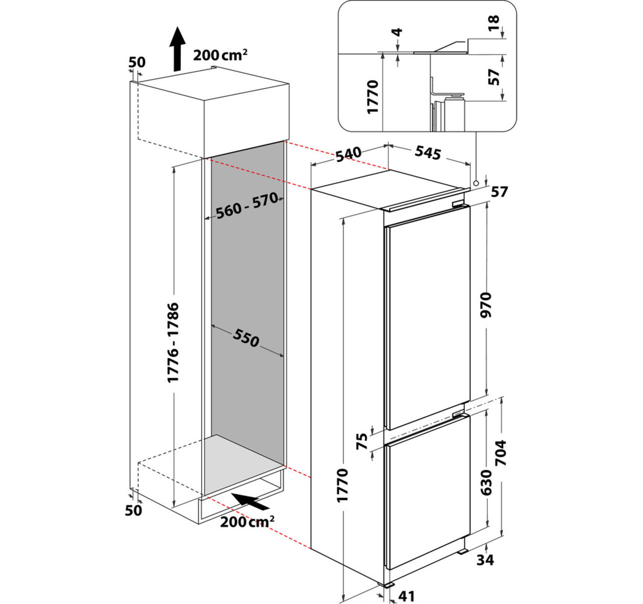 Hűtőszekrény-fagyasztó diagramja, méretekkel és centiméterben megadott méretekkel.