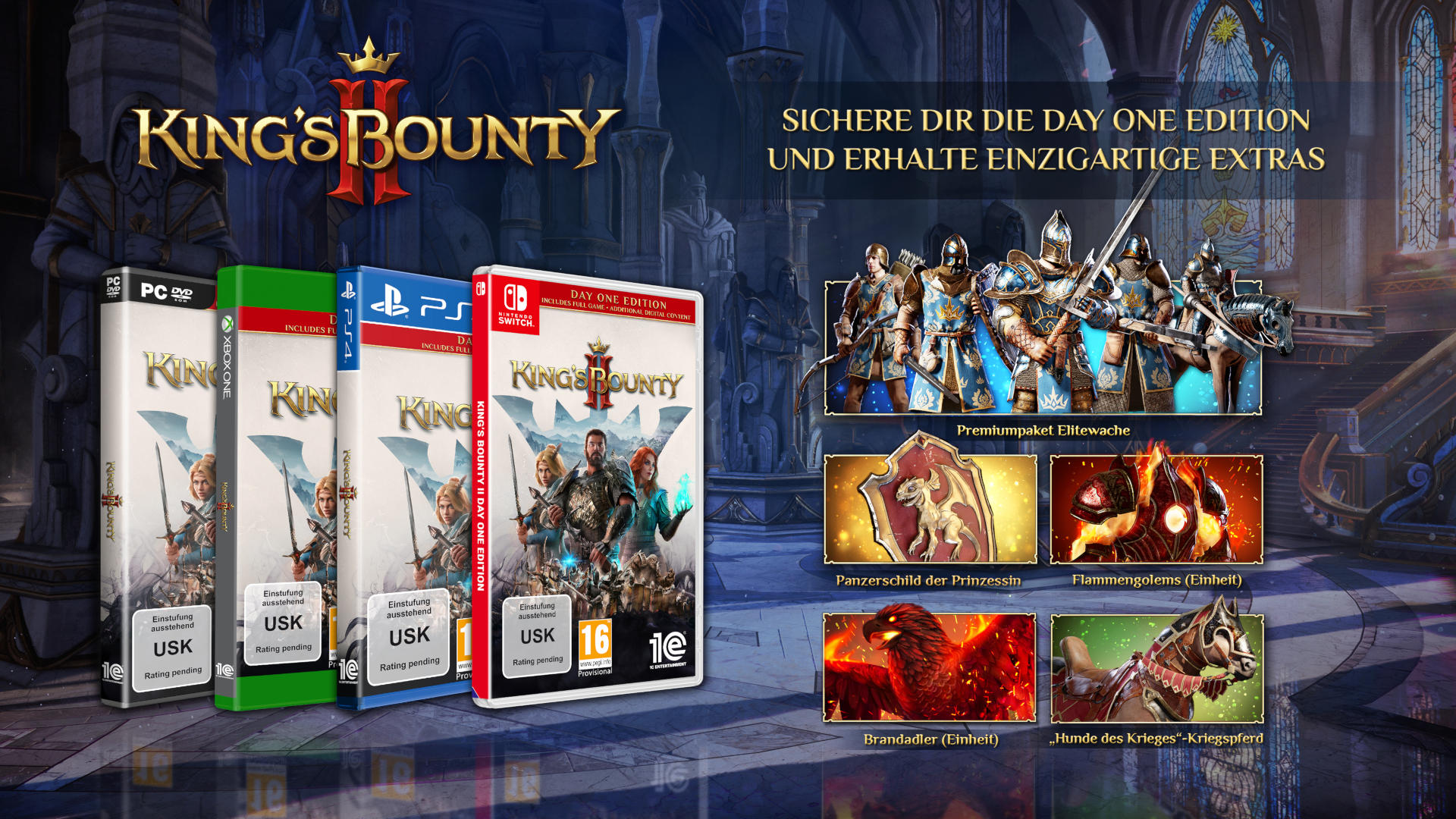 King's Bounty II Spielboxen, die verschiedene Plattformen präsentieren.