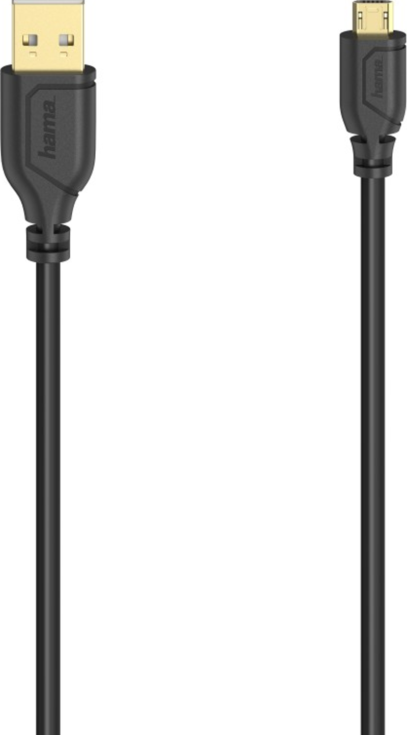 Deux câbles USB noirs avec logo 'hama'. L'un a un connecteur USB standard et l'autre un micro-USB. Fond blanc.