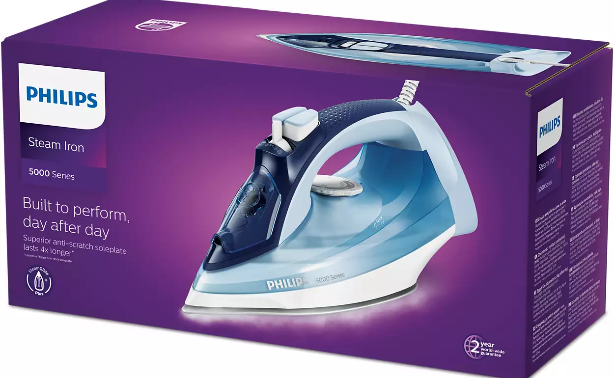 Eine Schachtel mit Philips Dampfbügeleisen, mit dem Bügeleisen auf der Vorderseite.