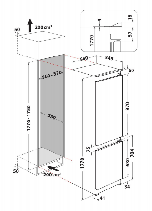 Egy diagram a beépített hűtőszekrény méreteiről, nyilakkal és méretekkel.
