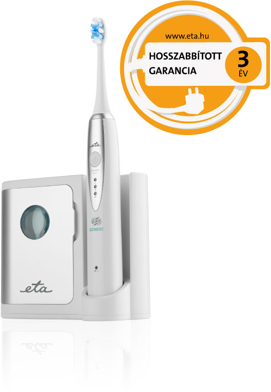 Elektromos fogkefe töltőállvánnyal. A fogkefe fehér, kék fejjel.