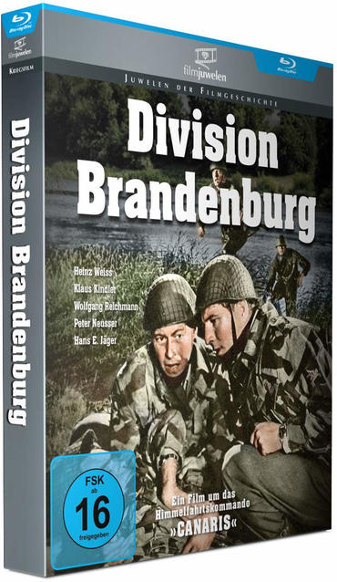Eine Filmbox-Set, 'Division Brandenburg', mit Soldaten in Tarnkleidung. Die Box ist blau mit Text und Bildern.