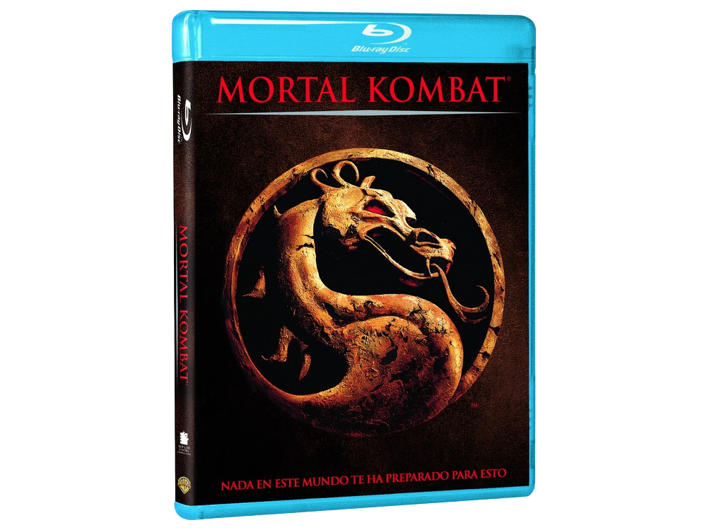 Portada de Blu-ray de Mortal Kombat con un símbolo de dragón sobre un fondo oscuro.