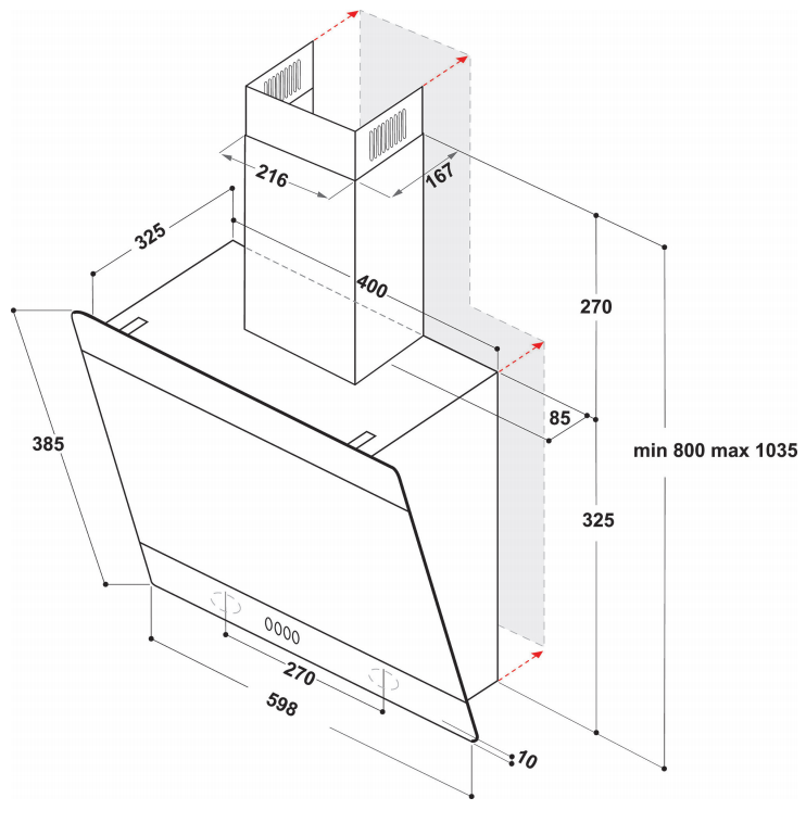 Egy páraelszívó diagramja méretekkel.