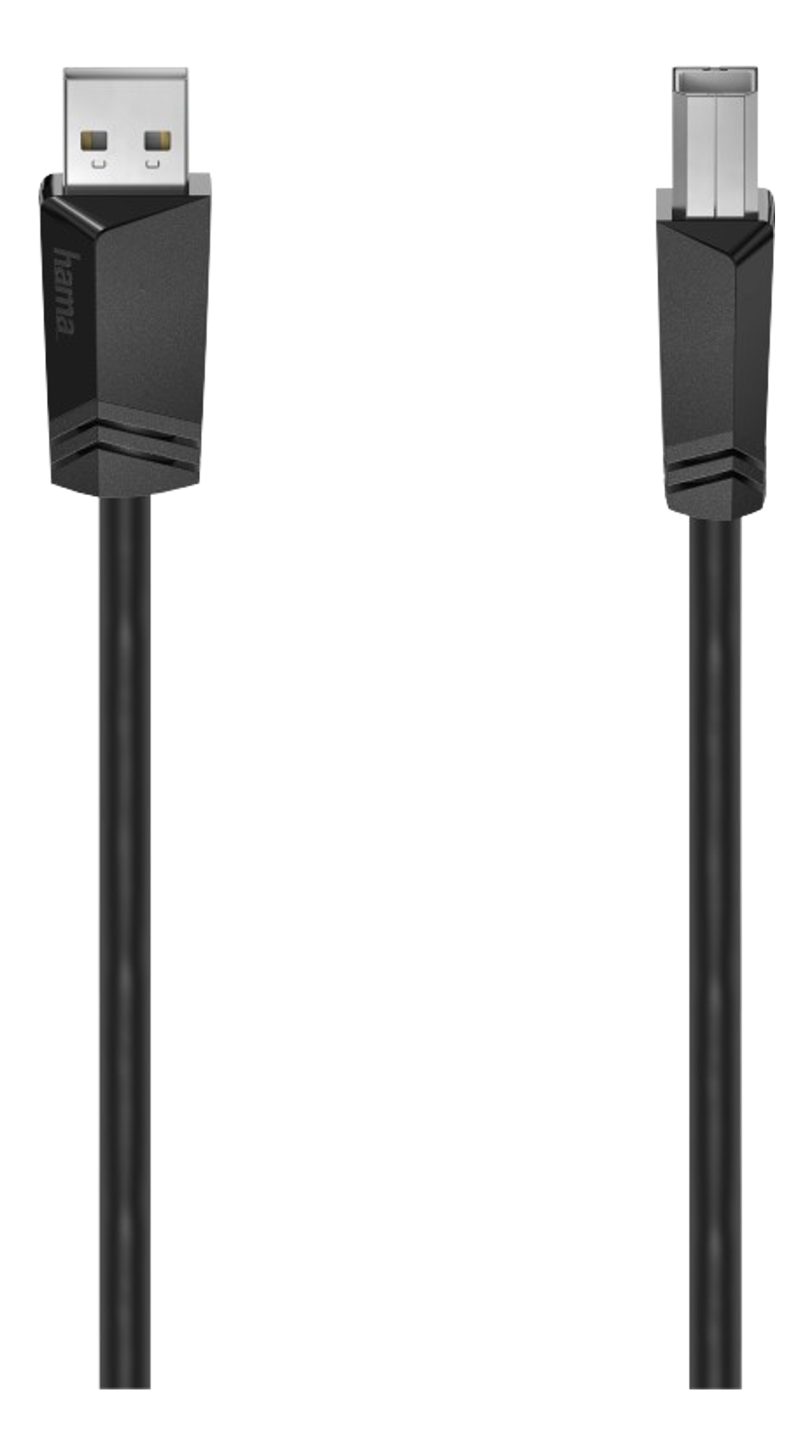 Ein schwarzes USB-Kabel mit einem USB-A-Anschluss links und einem anderen Anschluss rechts, vor schwarzem Hintergrund.
