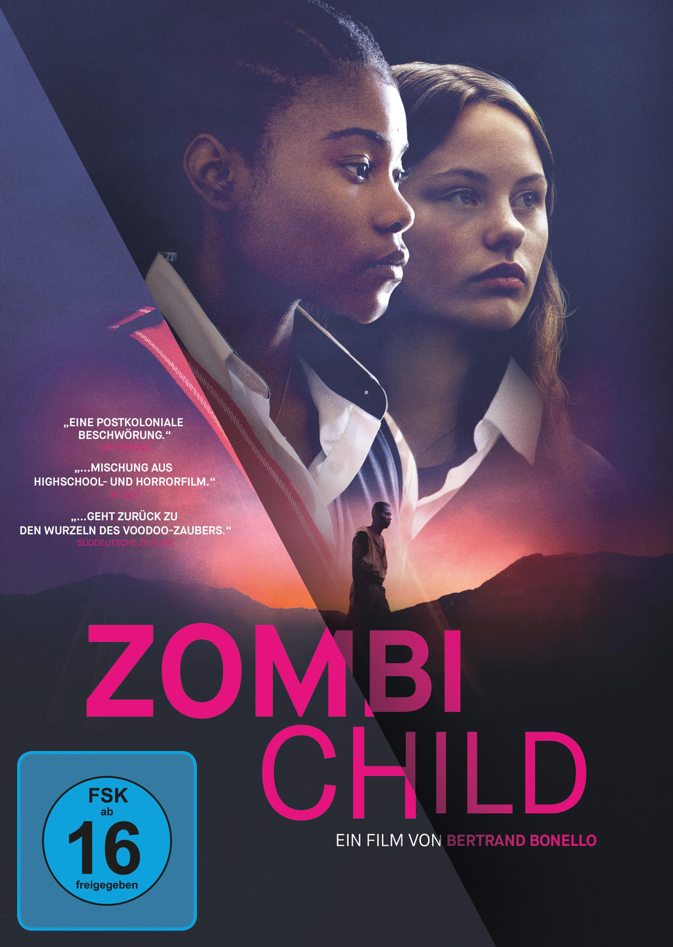 Filmplakat: zwei Mädchen im Dunkeln, ein Mann unten und Text.
