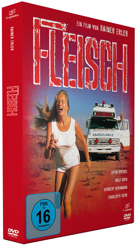 DVD-Cover von "Fleisch", das eine Frau zeigt, die vor einem Krankenwagen flieht.