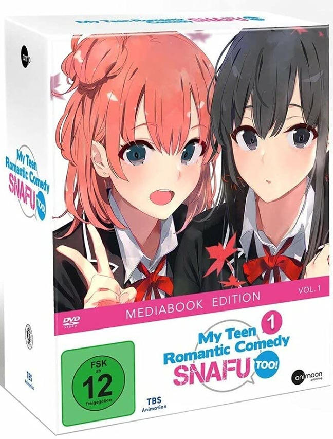 Anime-DVD-Cover mit zwei Mädchen mit rosa und schwarzen Haaren und dem Titel My Teen Romantic Comedy.