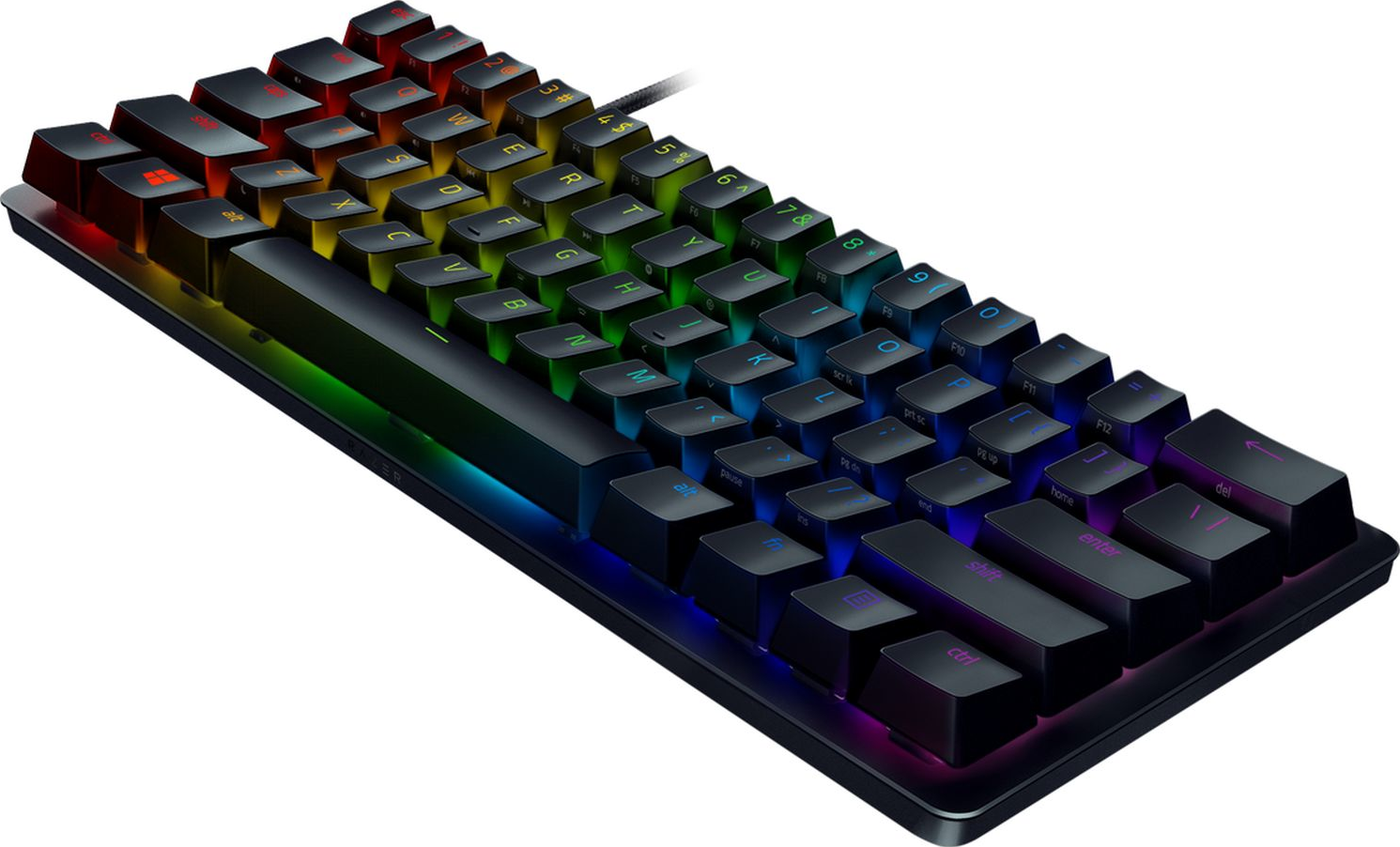 Una tastiera da gioco nera retroilluminata con tasti multicolore e un logo Razer.