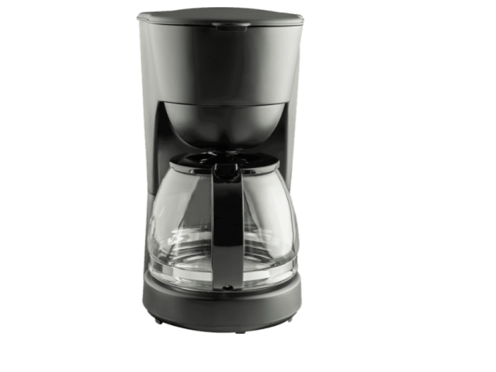 Una cafetera negra con una jarra de vidrio. Es una cafetera simple y básica.