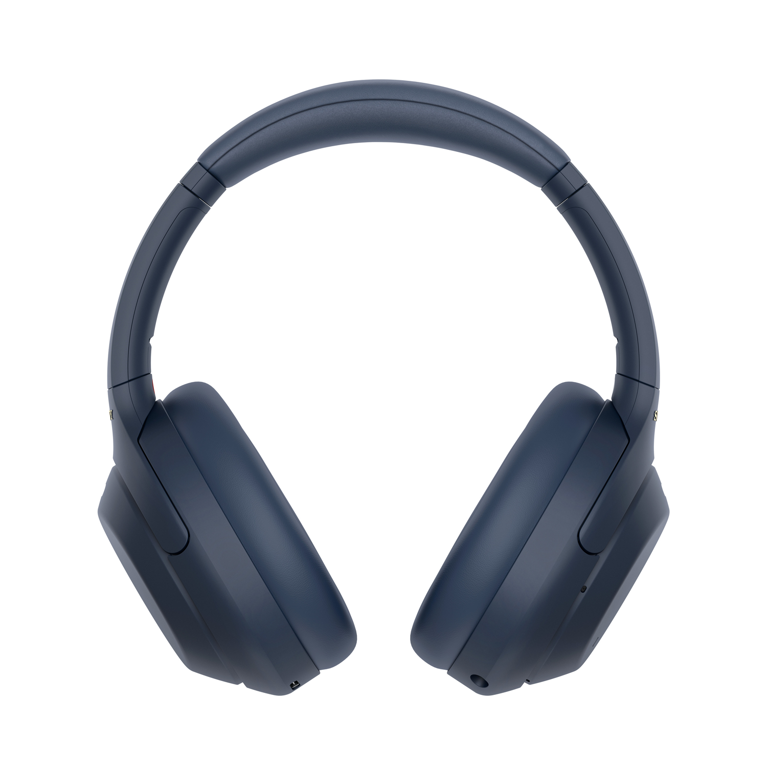 Blue headphones on white background. The headphones have a curved design.