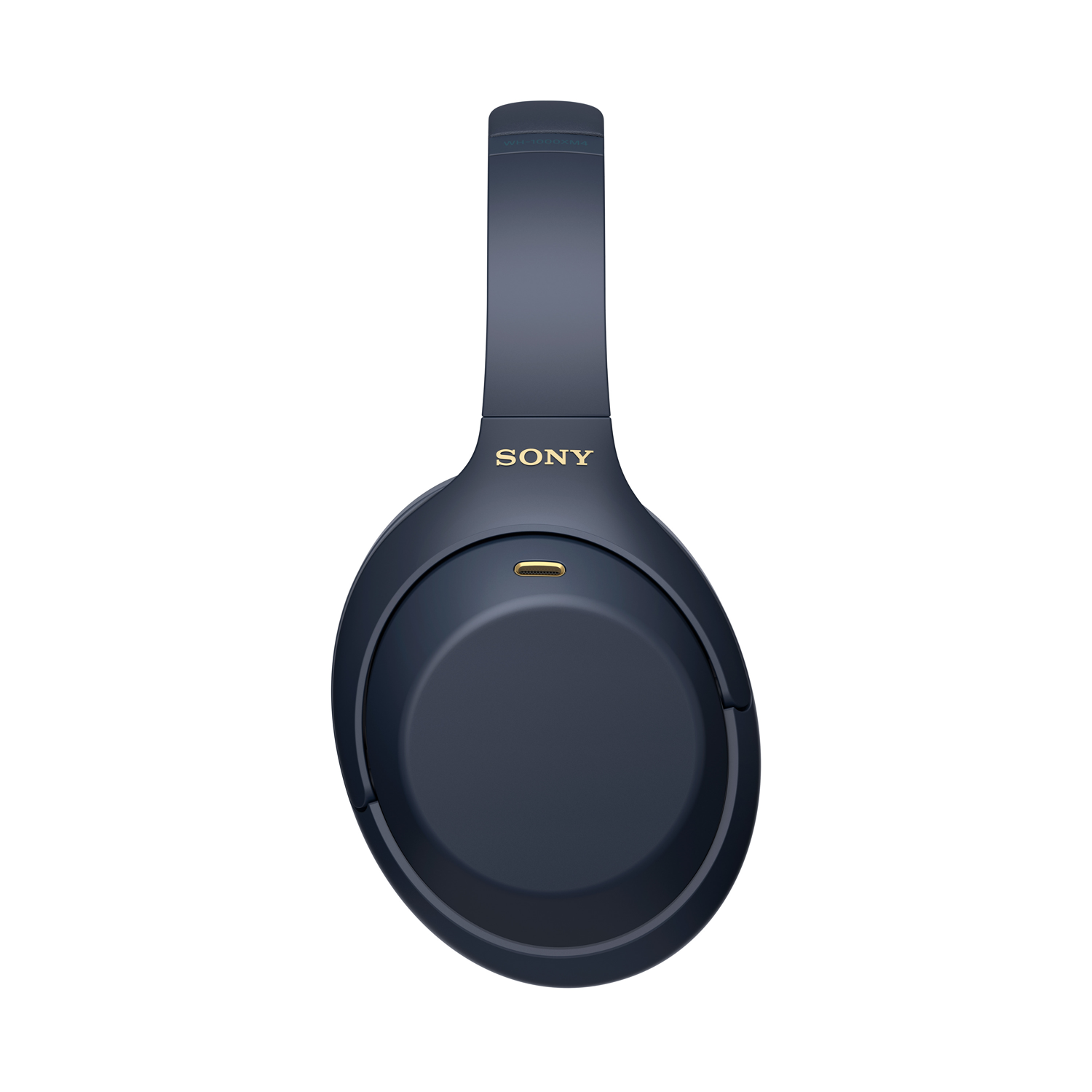 Dark blue Sony headphones, top view, gold logo, simple design.