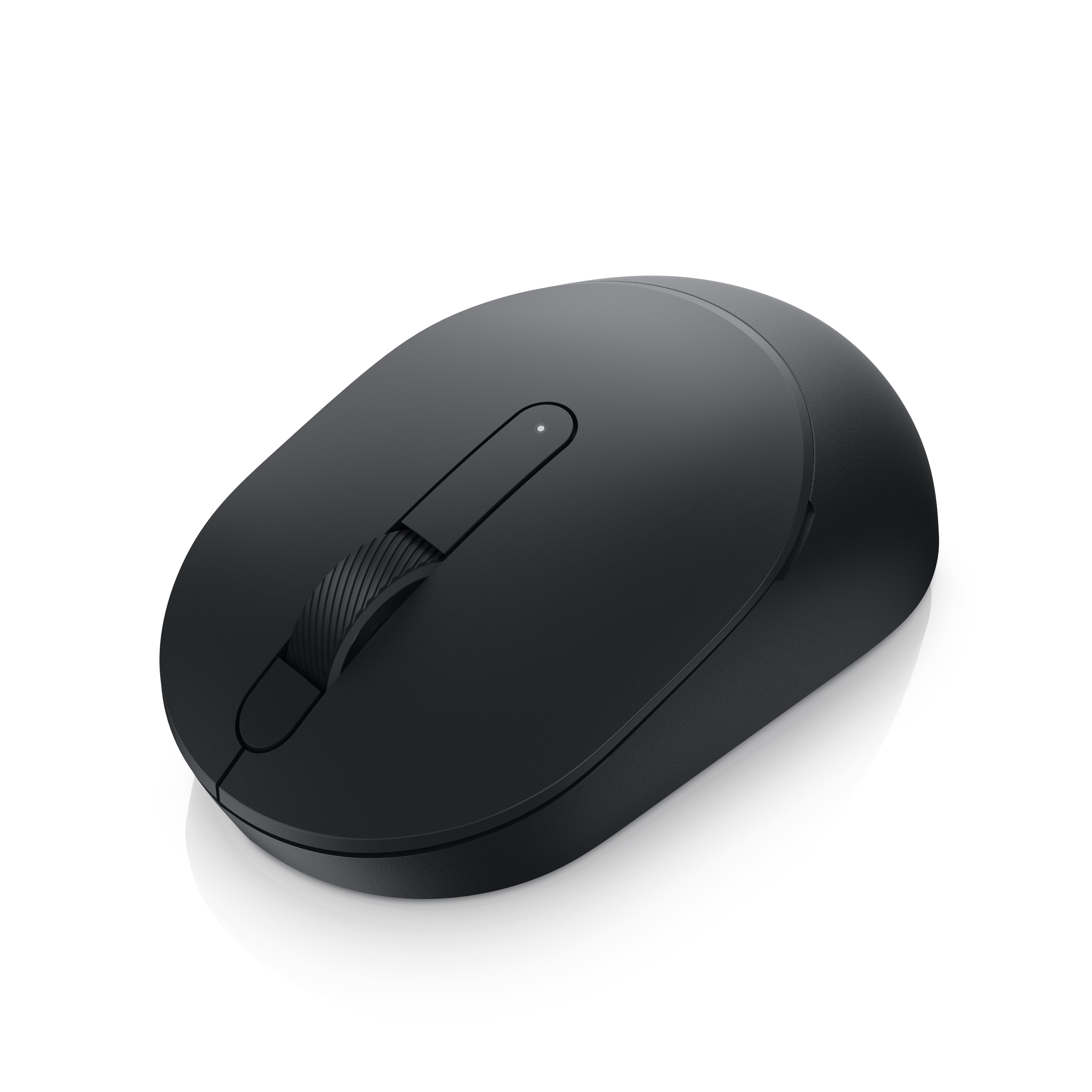 Eine schwarze, kabellose Computermaus. Sie hat ein Scrollrad und zwei Tasten. Der Hintergrund ist weiß.