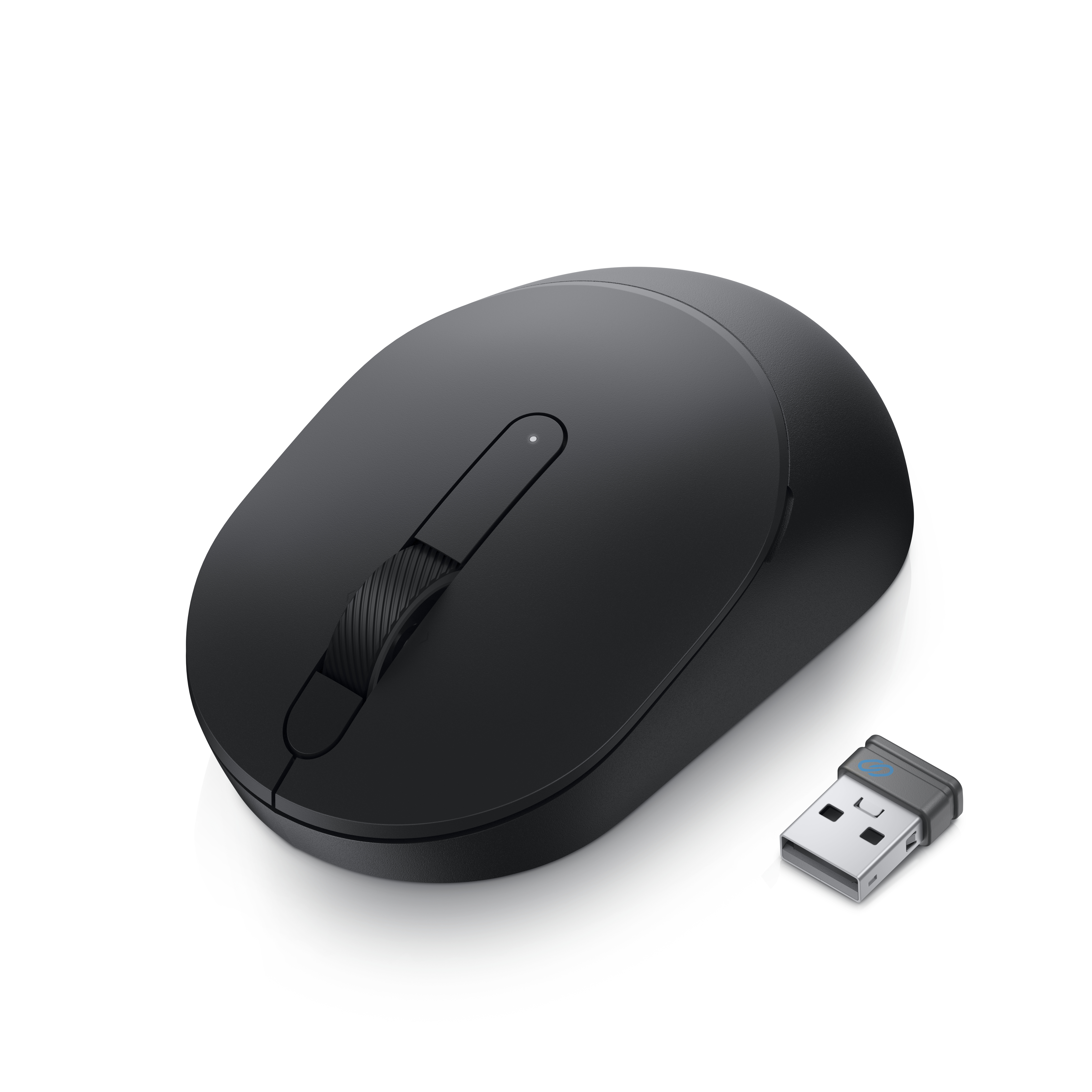 Schwarze kabellose Maus und ein USB-Empfänger auf weißem Hintergrund. Die Maus hat ein Scrollrad und ein Logo.