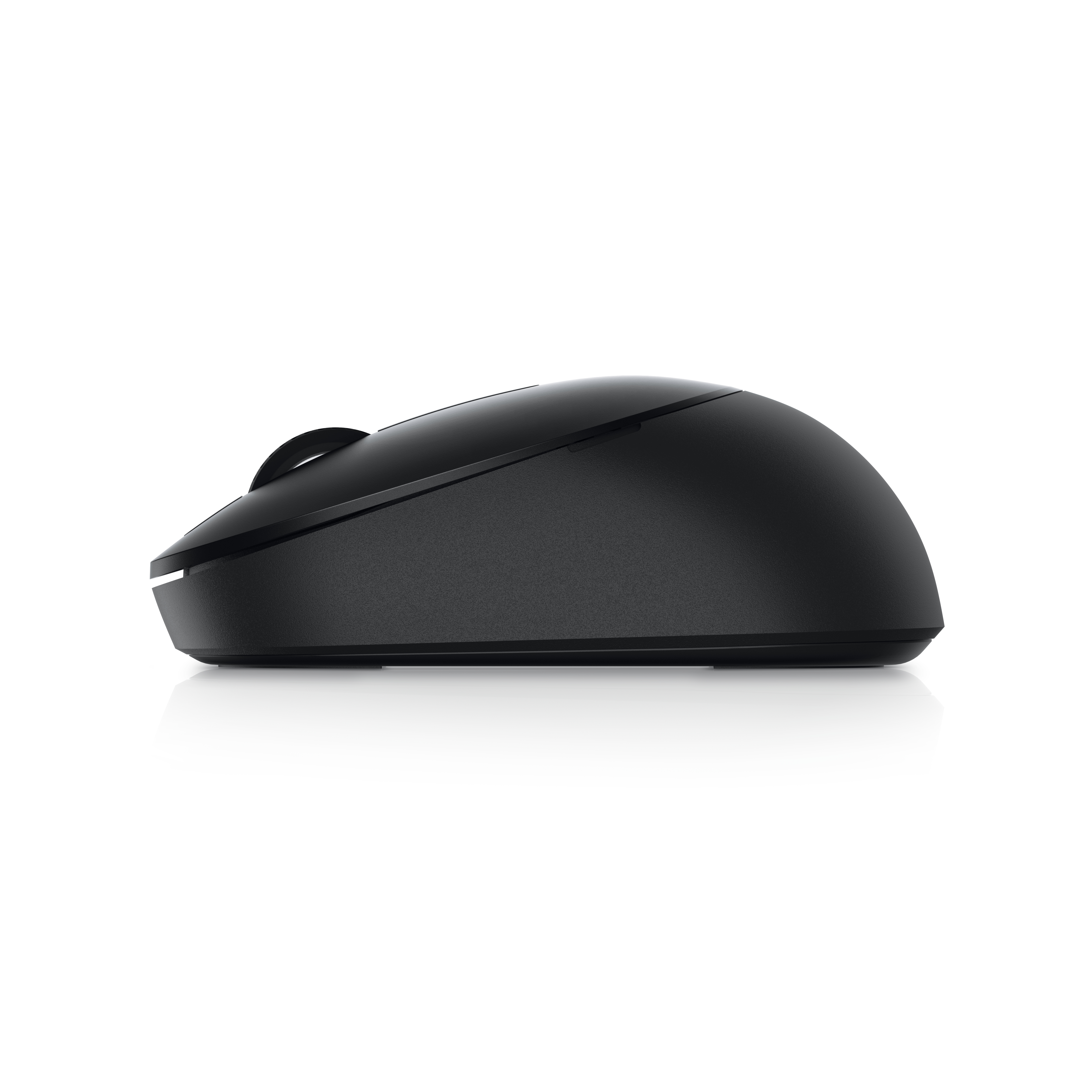 Schwarze drahtlose Computermaus auf weißer Oberfläche. Die Maus hat ein Scrollrad und ein schlankes Design.
