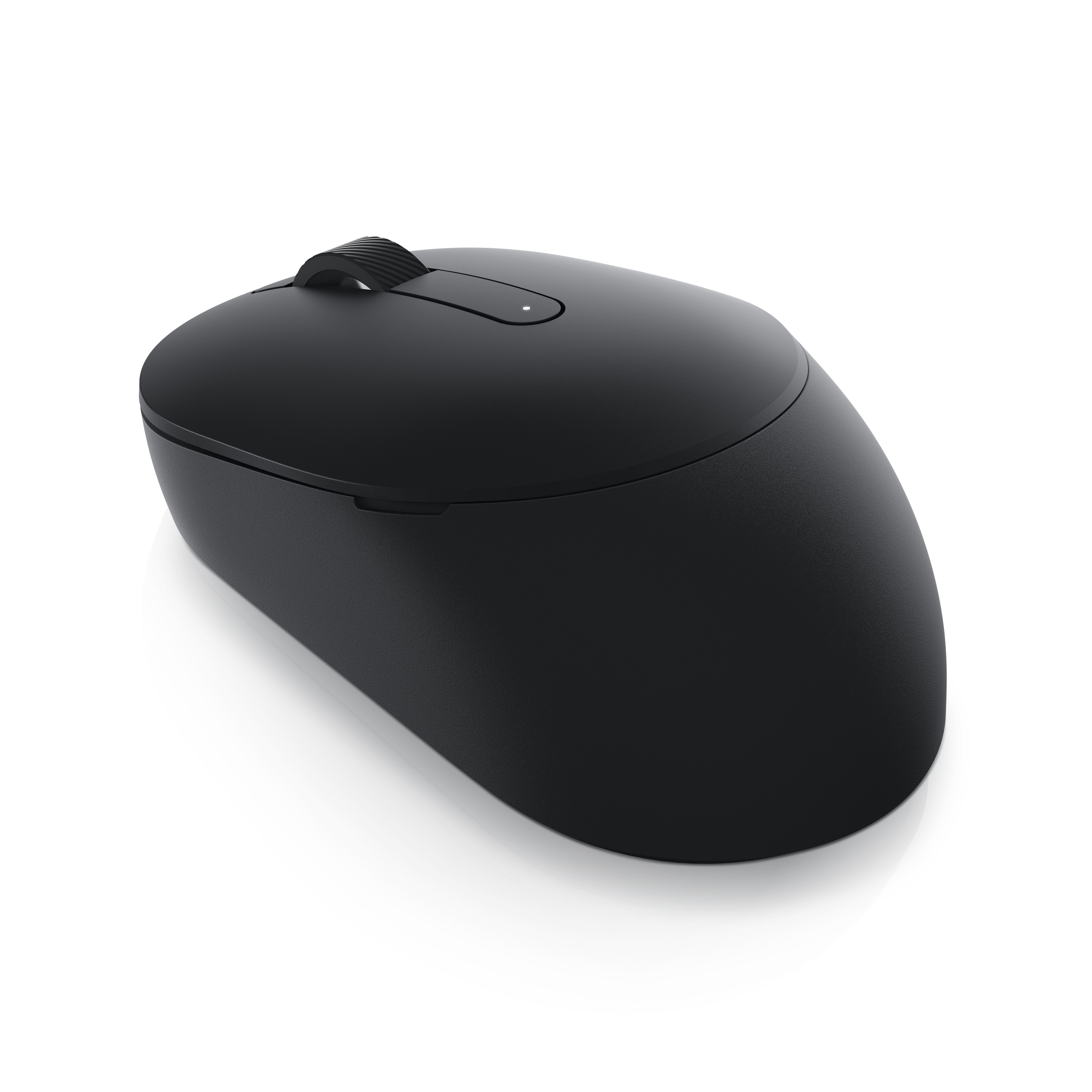 Eine schwarze, kabellose Computermaus mit strukturierter Oberfläche, kleinem Rad und dezentem Licht auf weißem Hintergrund.