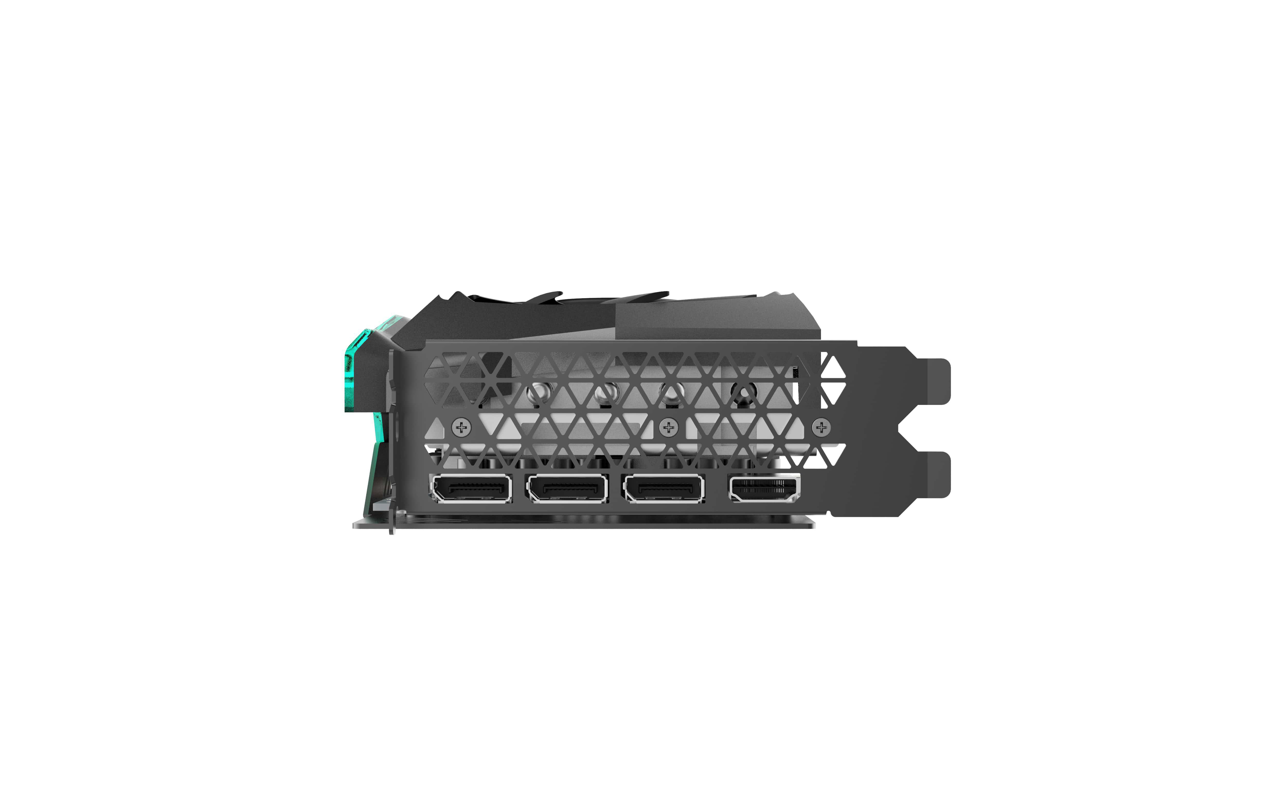 Eine schwarze Grafikkarte mit mehreren HDMI-Anschlüssen auf weißem Hintergrund. Die Karte hat ein Mesh-Design.
