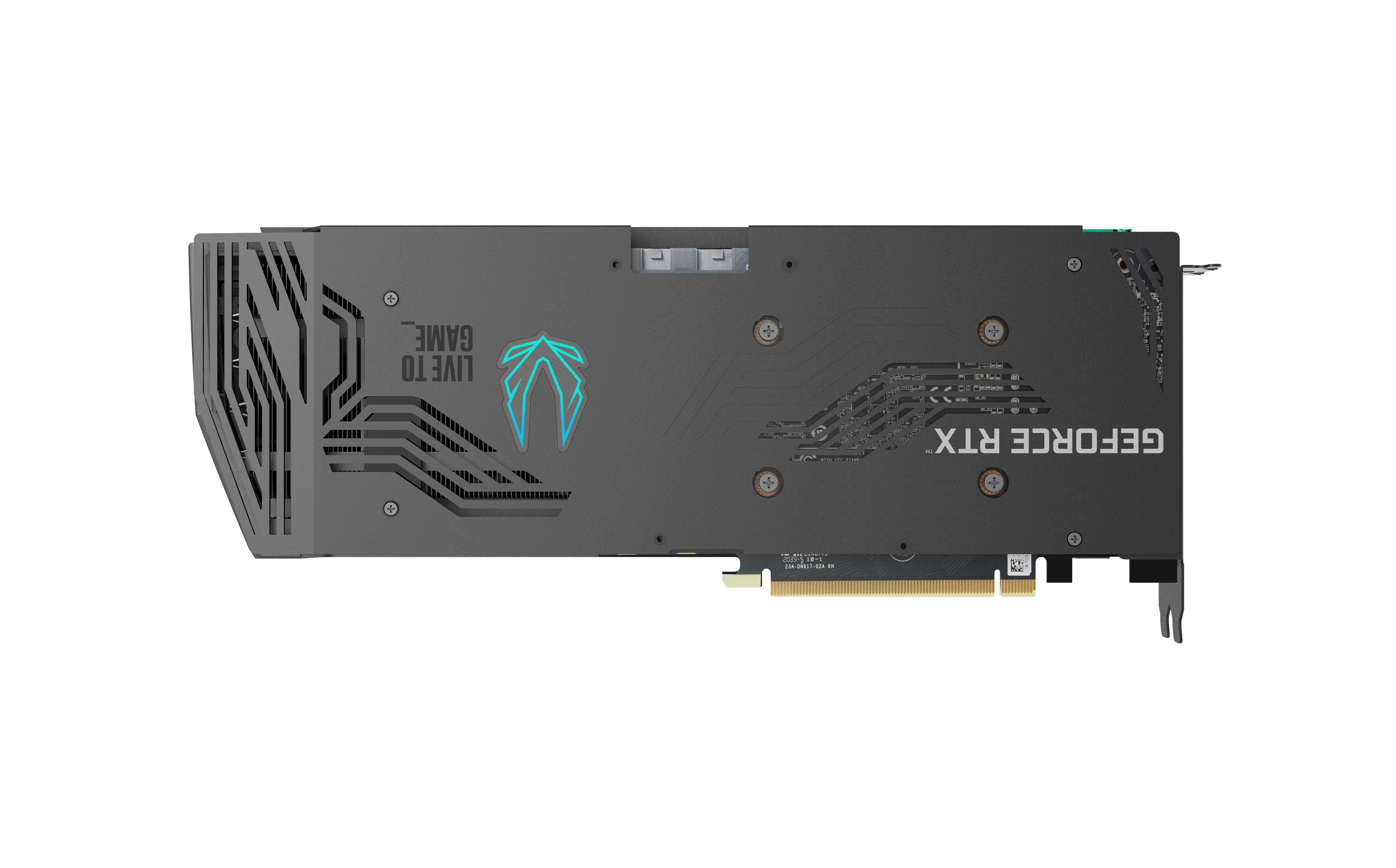 Eine Grafikkarte mit drei Lüftern auf weißem Hintergrund. Das Logo 'ZOTAC' ist sichtbar.