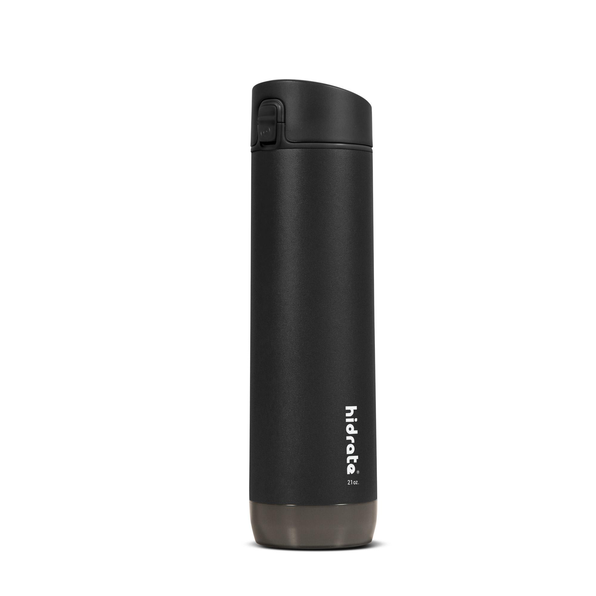 Schwarze HidrateSpark-Wasserflasche. Zylindrisch mit schwarzem Deckel und dunkelgrauem Boden.