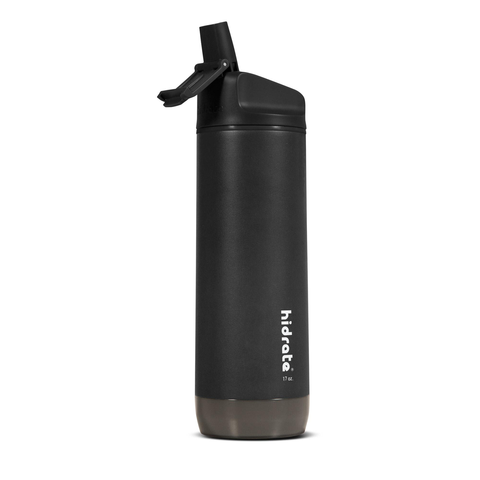 Schwarze HidrateSpark Wasserflasche mit schwarzem Deckel, isoliert auf weißem Hintergrund.