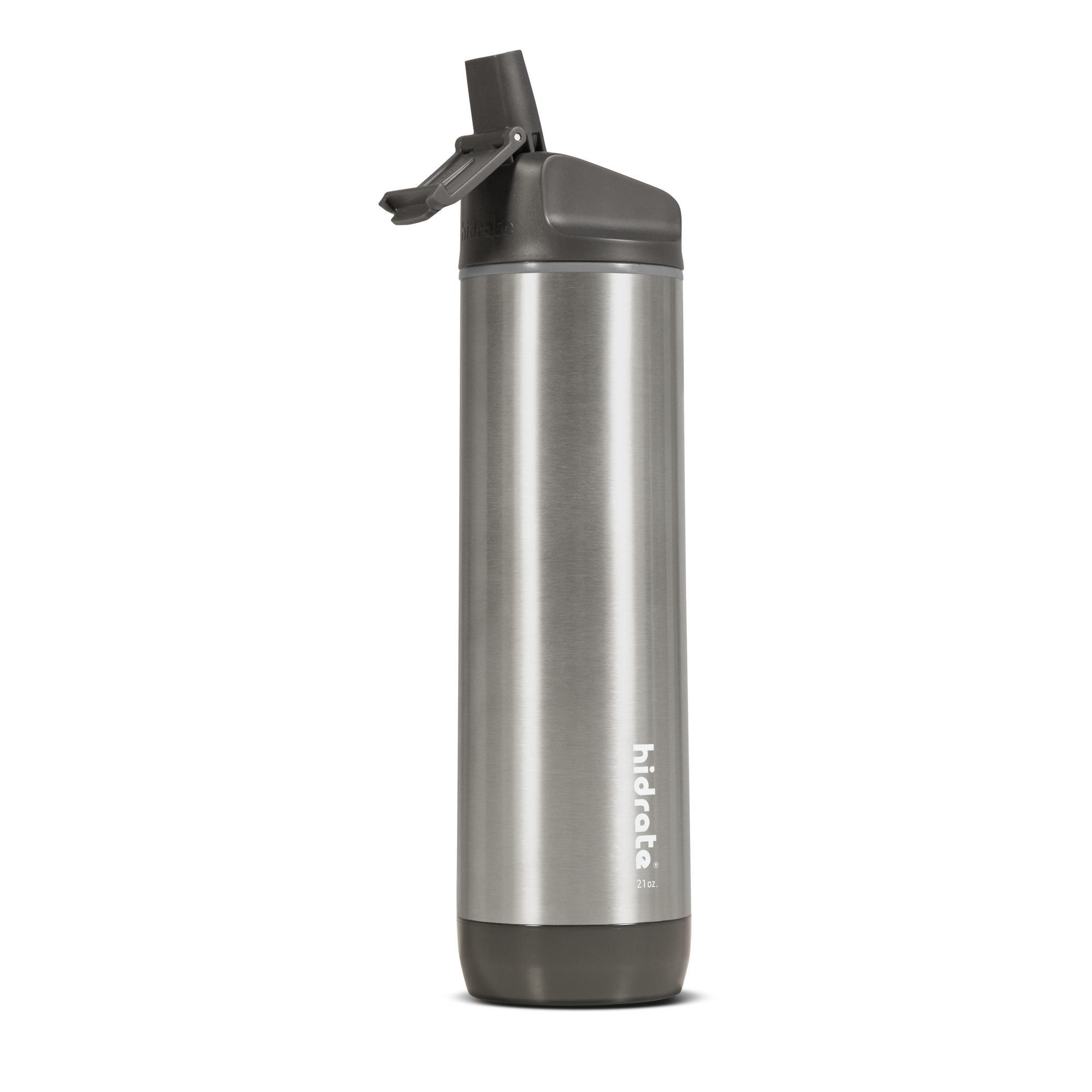 Wasserflasche aus Edelstahl mit dunkelgrauem Deckel und Klappverschluss.