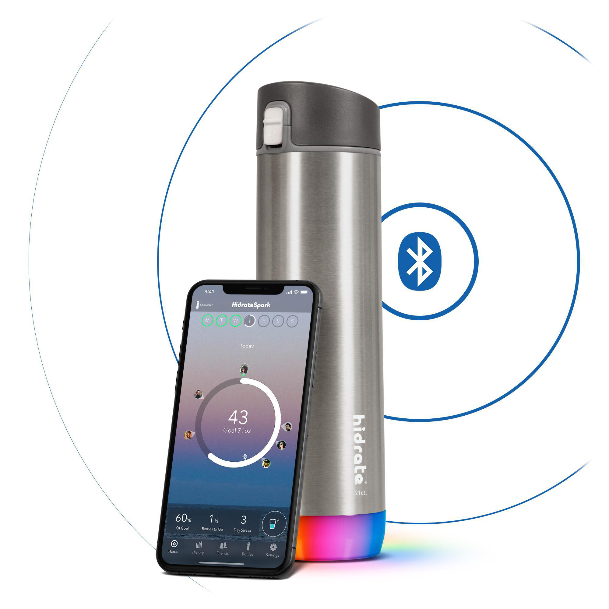 Eine intelligente Wasserflasche und ein Telefon. Der Telefonbildschirm zeigt die Hydratationsdaten.