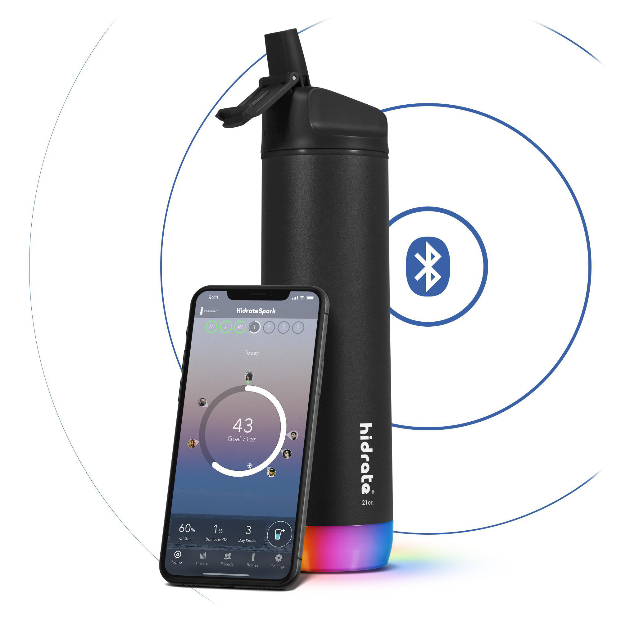 Schwarze Wasserflasche mit Telefon und App. Zeigt Trinkziel und Wassermenge.