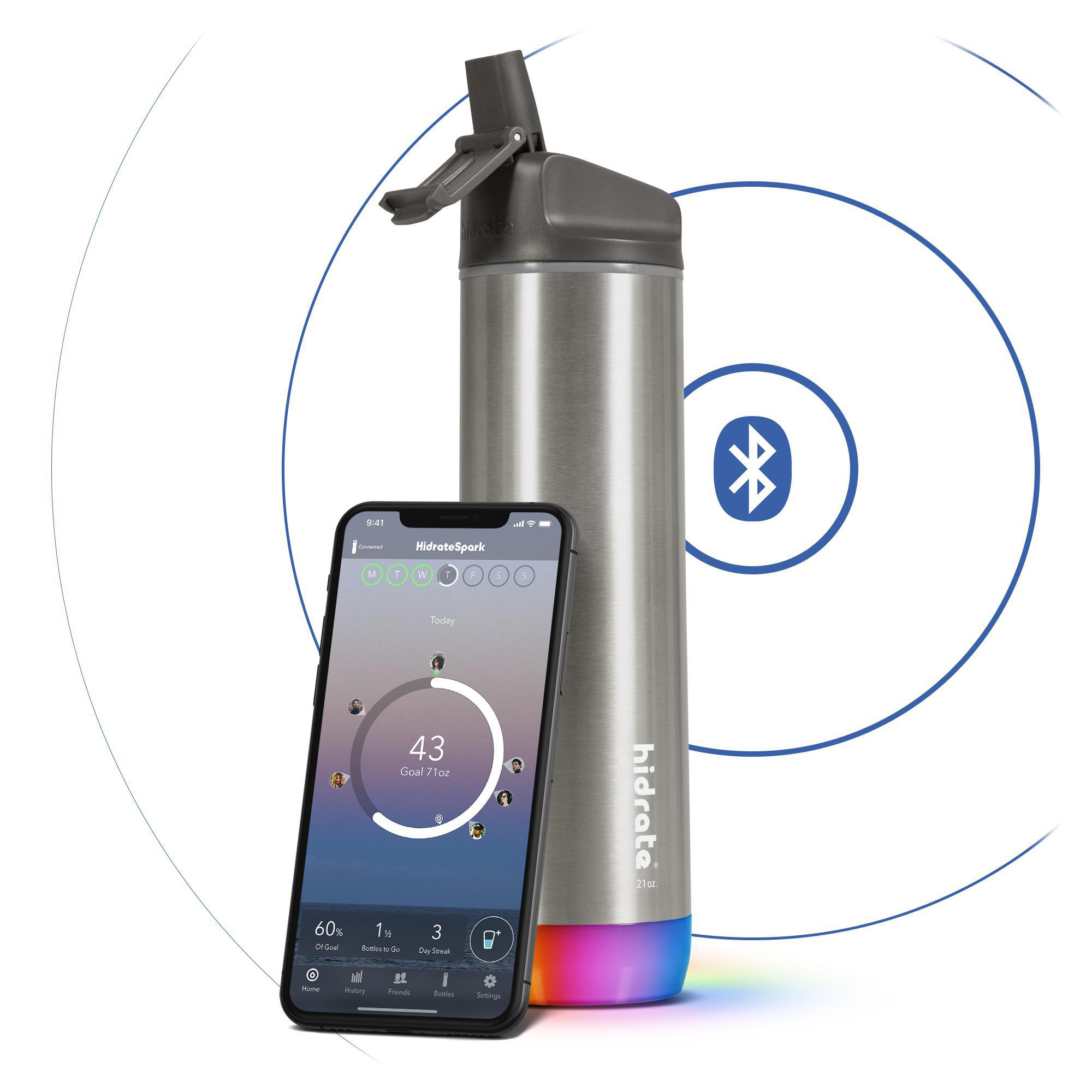 Silberne Wasserflasche neben Smartphone mit Hydratationsdaten und Bluetooth-Symbol.