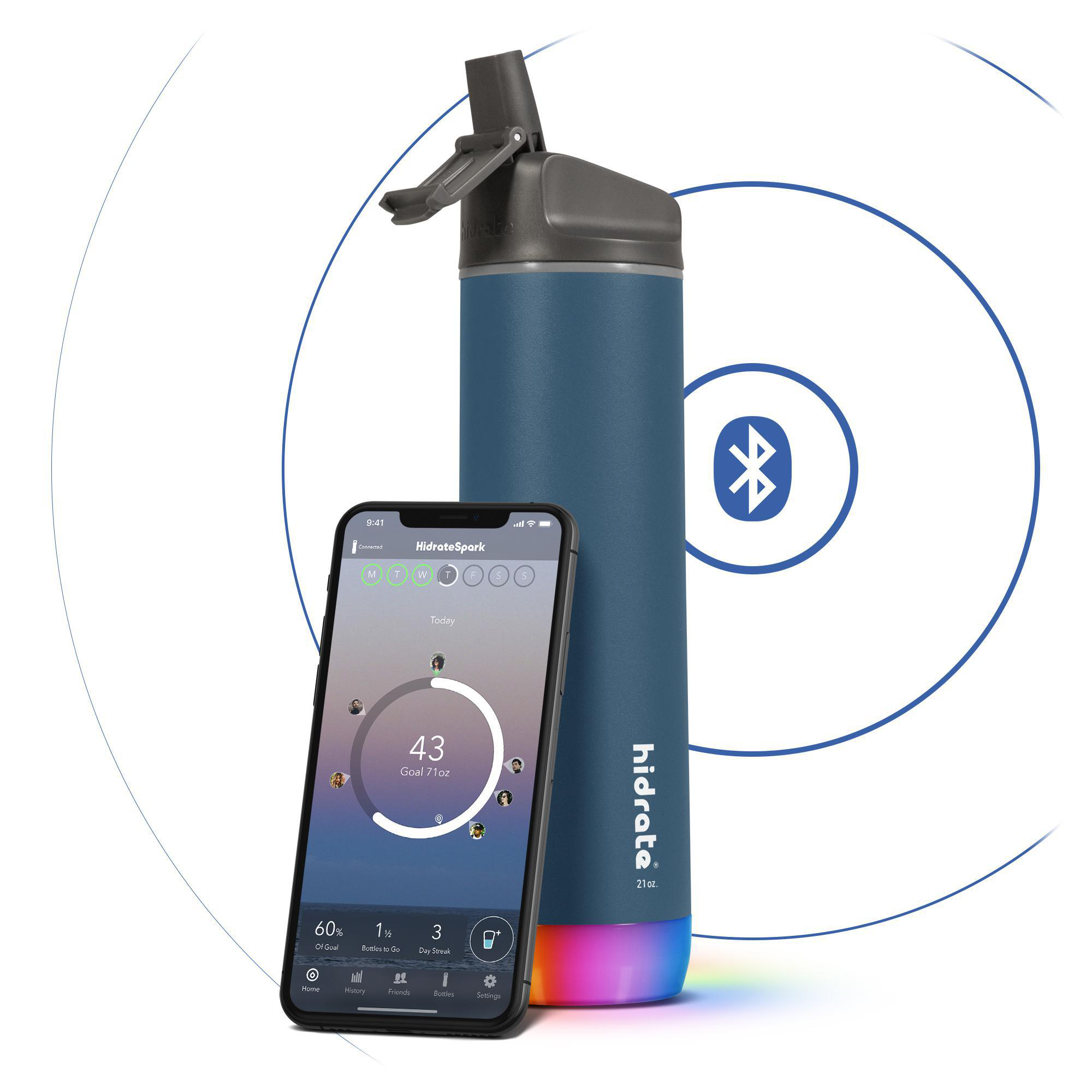 Eine blaue Wasserflasche neben einem Telefon, das eine Wasser-Tracker-App anzeigt, mit einem blauen Bluetooth-Symbol.