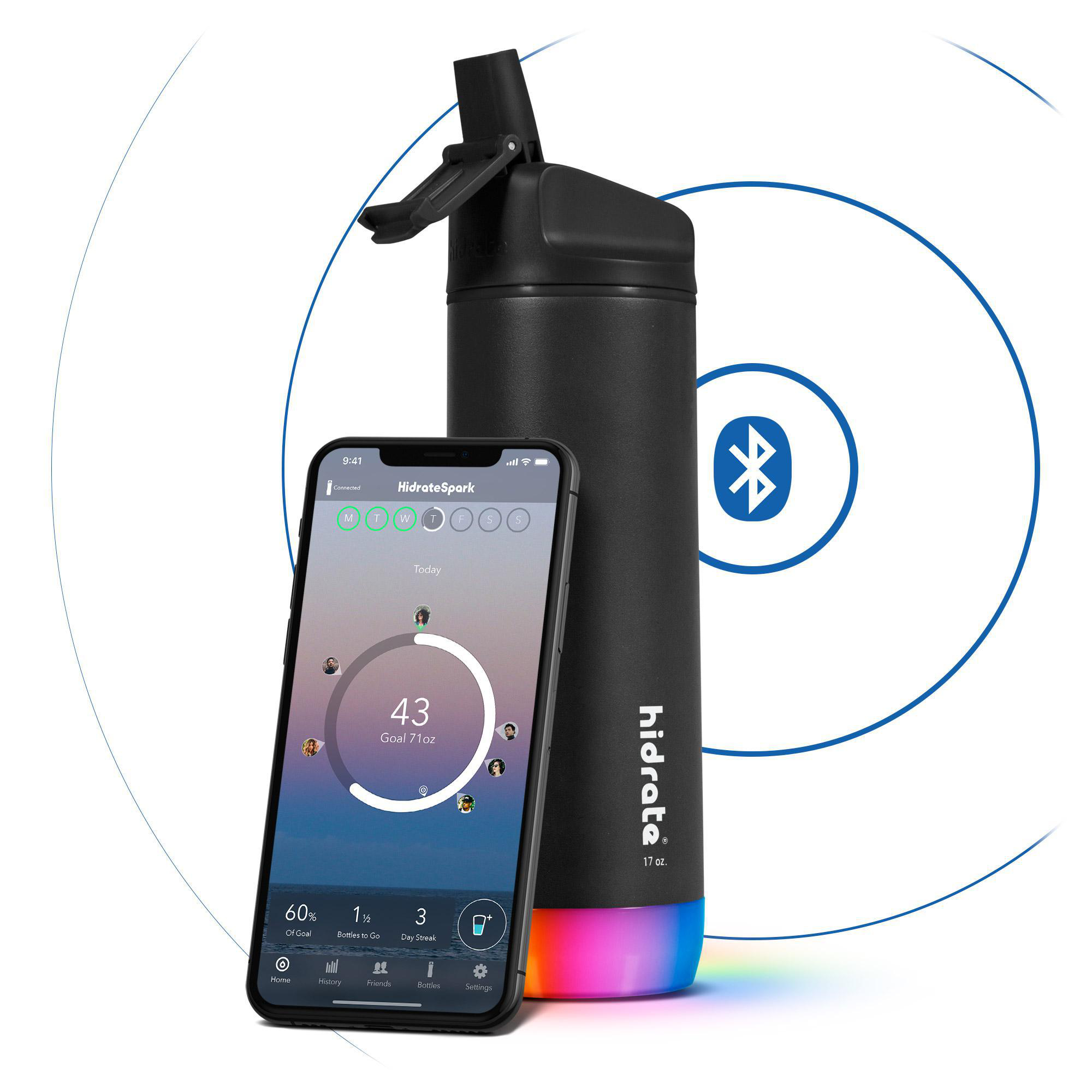 Schwarze Wasserflasche und Smartphone, die Hydratationsdaten anzeigen, mit einem blauen Bluetooth-Symbol.
