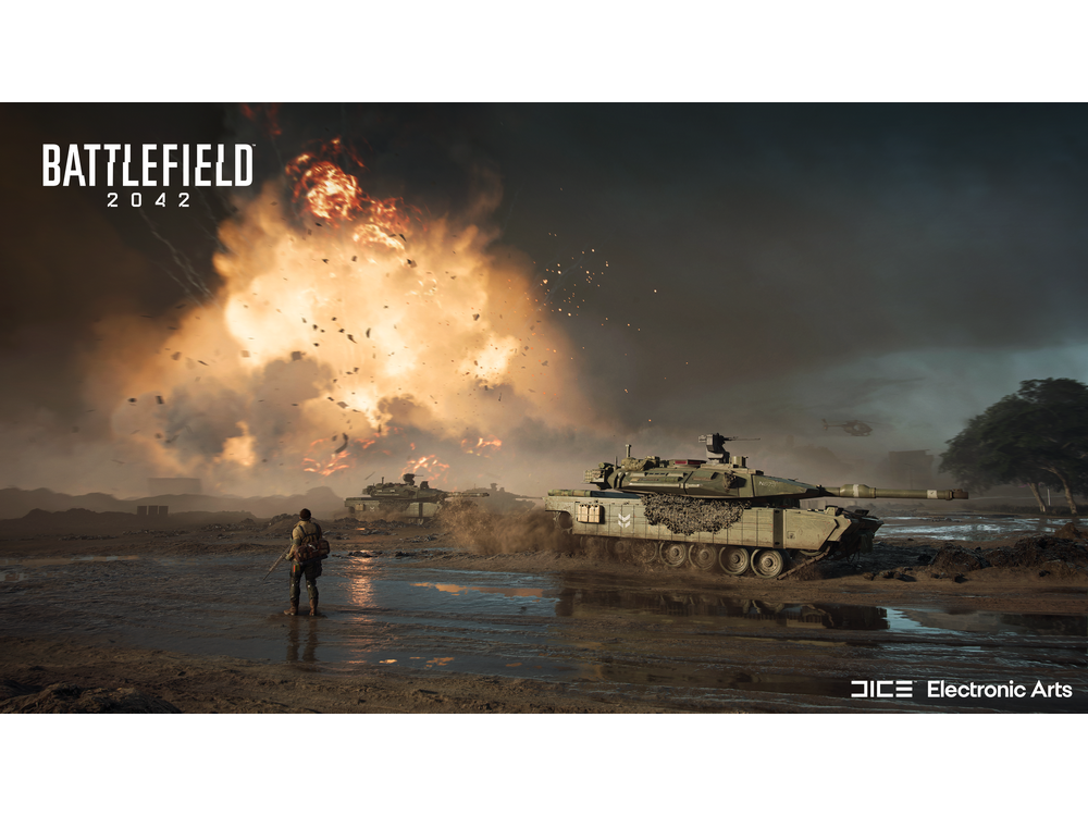Arte del juego Battlefield 2042. Se ven tanques, soldados y explosiones, mostrando una escena de guerra.