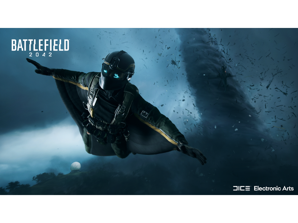 Una persona con un traje aéreo volando por el aire, con un tornado en el fondo y el logo del juego.