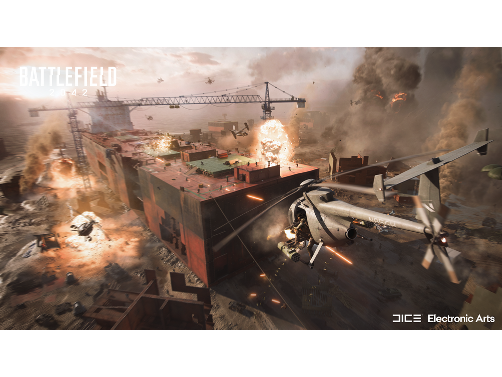 Escena militar con helicóptero cerca de un barco explotando. Logo de Battlefield 2042 arriba a la izquierda.