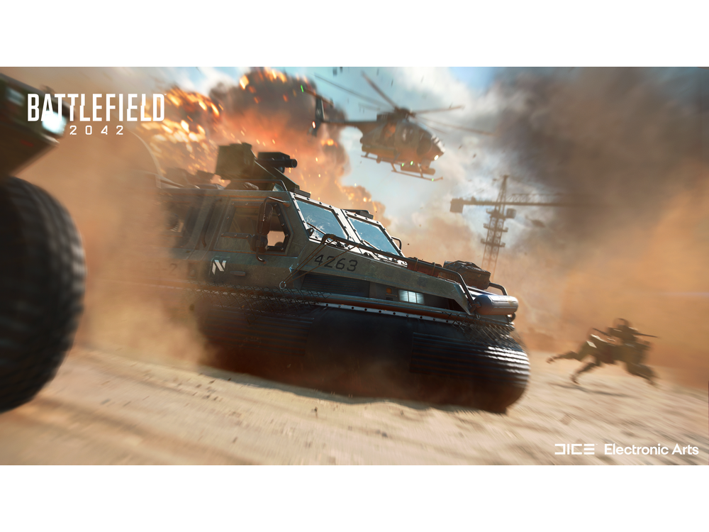 Una escena del juego Battlefield 2042 con un aerodeslizador y soldados en un entorno desértico.