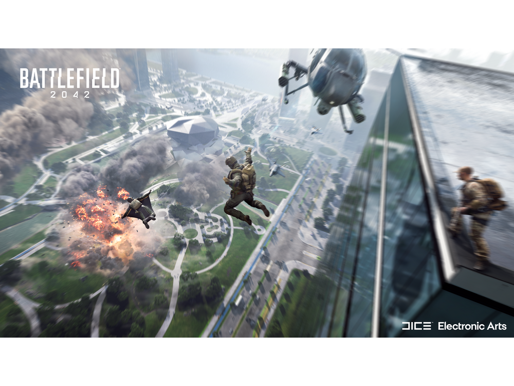 Arte del juego Battlefield 2042. Soldados cayendo de un edificio, explosiones y un helicóptero.