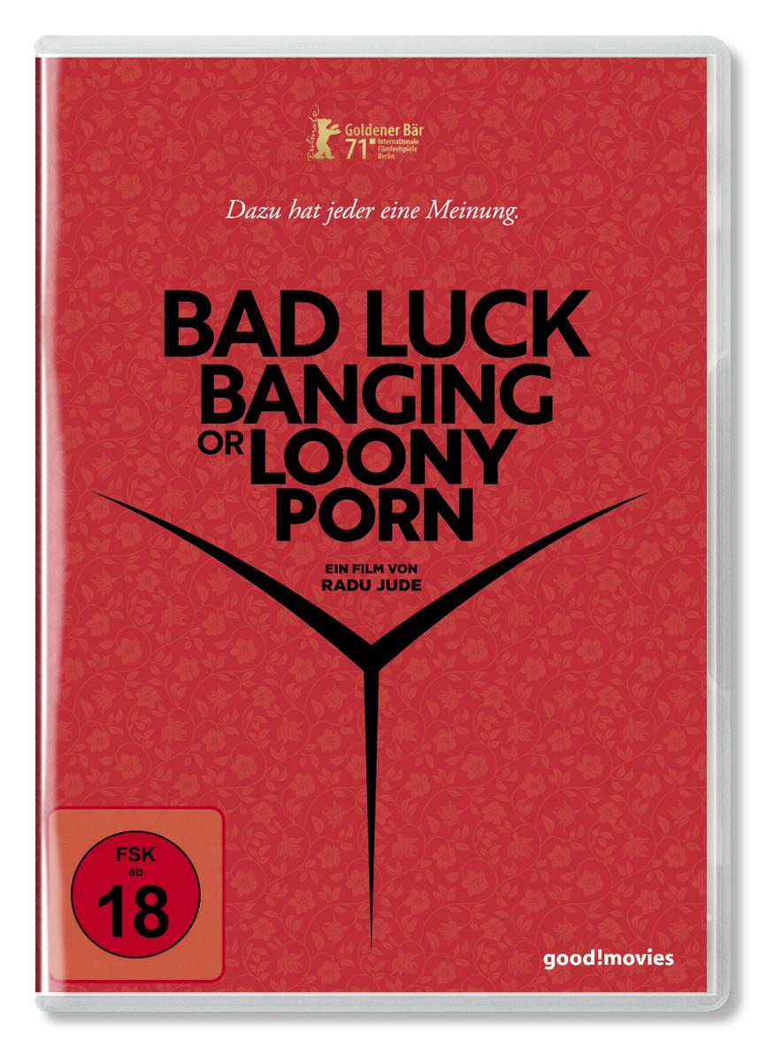 DVD-Cover: Roter Hintergrund mit Text: BAD LUCK BANGING OR LOONY PORN. Filmplakatkunst.