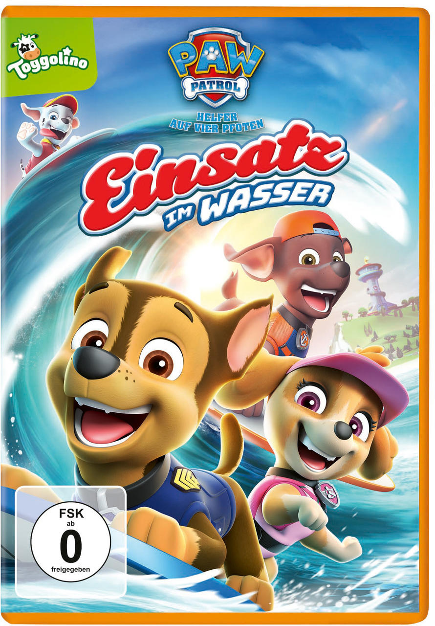 Filmcover von 'Paw Patrol' mit Zeichentrickhunden, die im Wasser surfen.