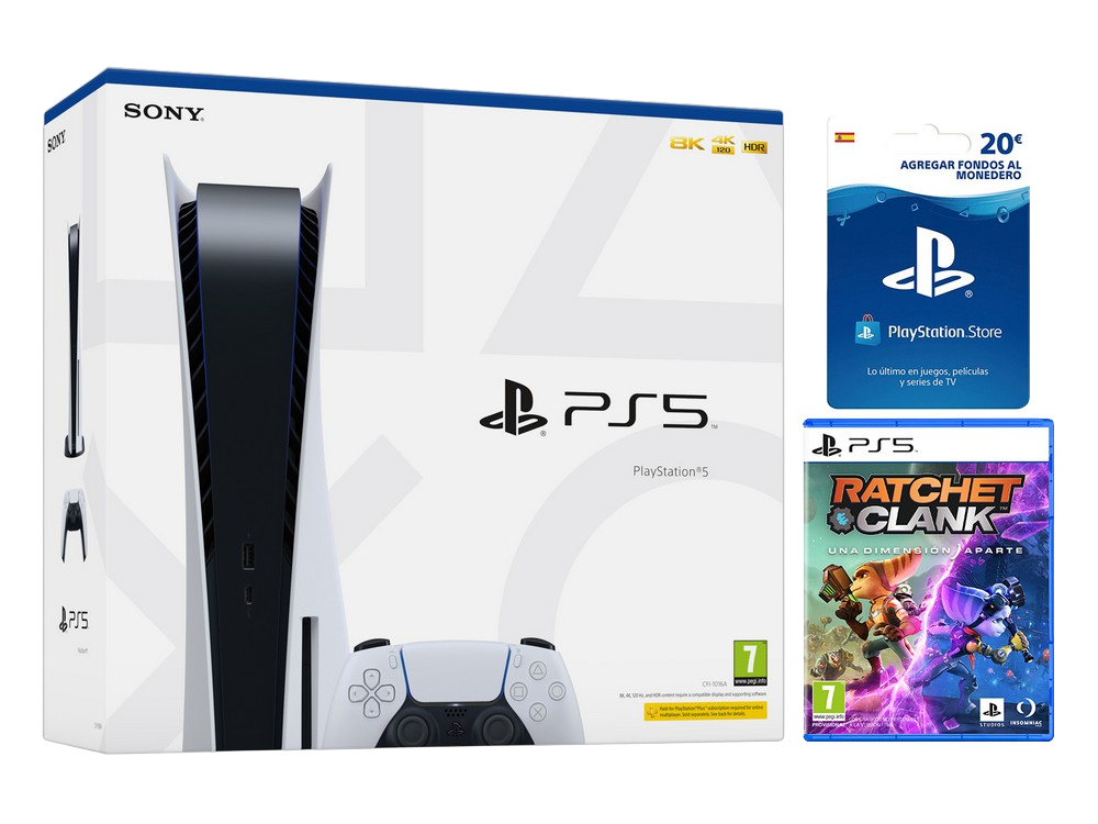 Consola - Sony PS5, 825 GB, 4K, HDR, Blanco + Ratchet & Clank: Una Dimensión Aparte + PlayStation Network 20€
