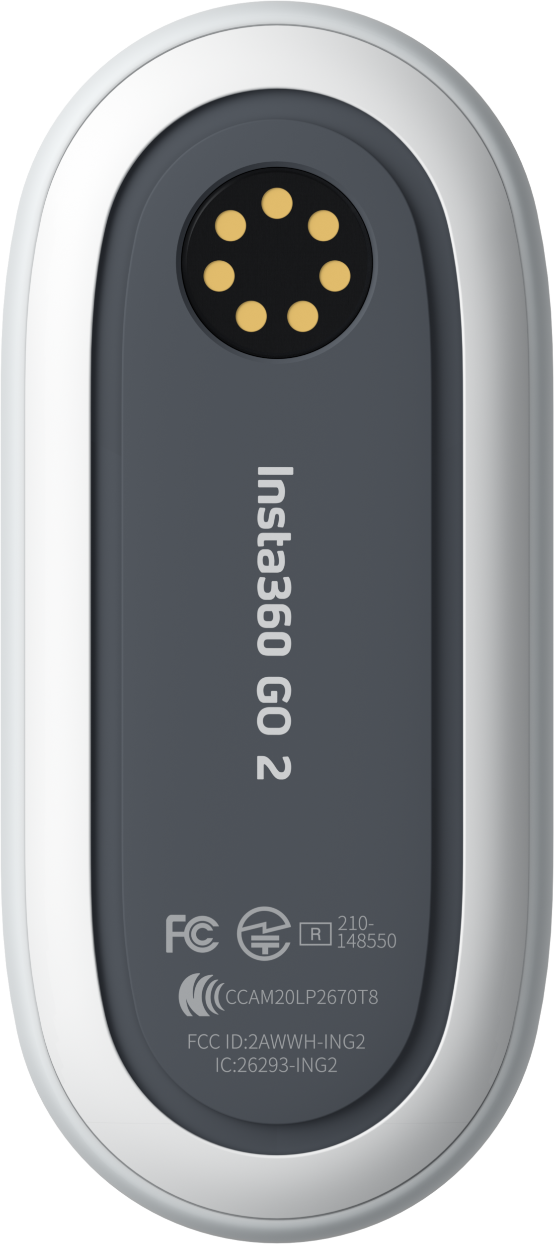 Insta360 GO 2 Kamera auf weißem Hintergrund. Logos und technische Details.